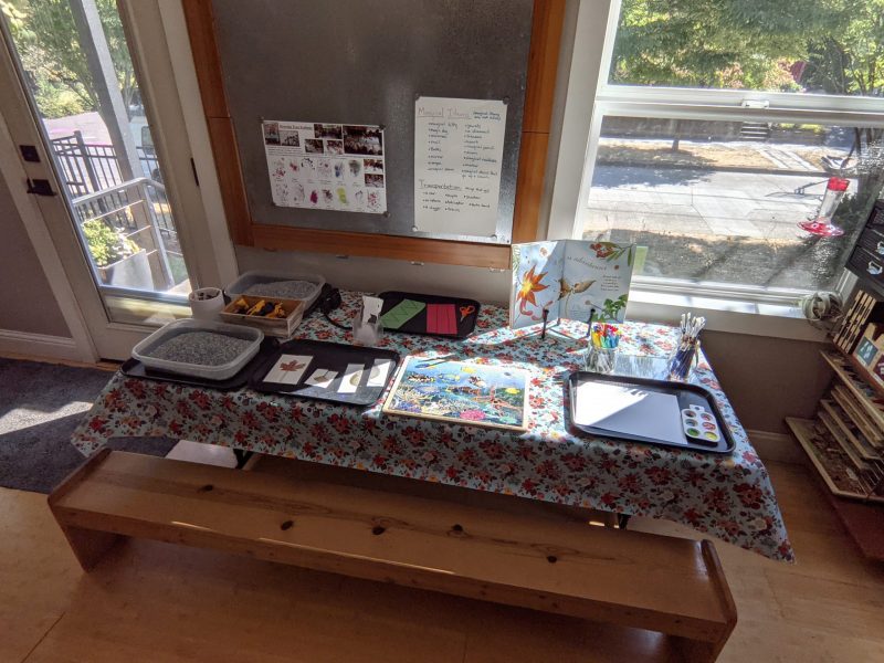 Studio table with activities and provocations.