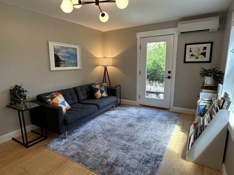 Main room, with a comfy couch, books to read and space to play.